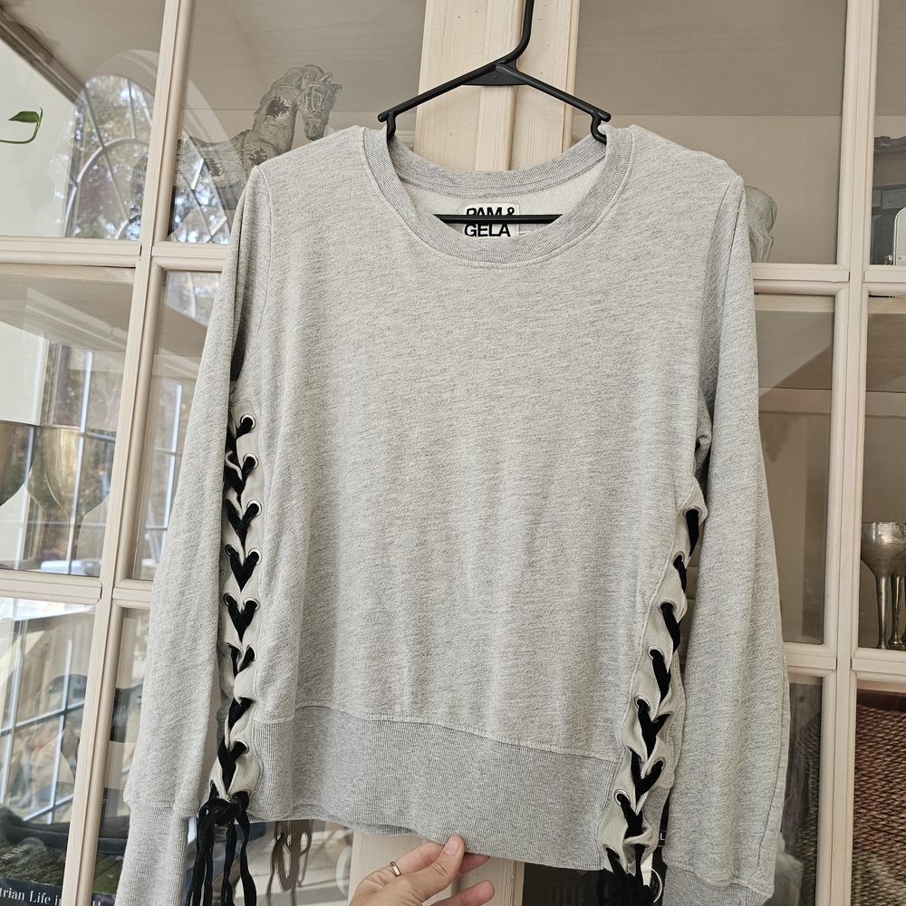 Pam & Gela Lace Up Sides Light Gray V-Neck Sweater - Picture 8 of 11